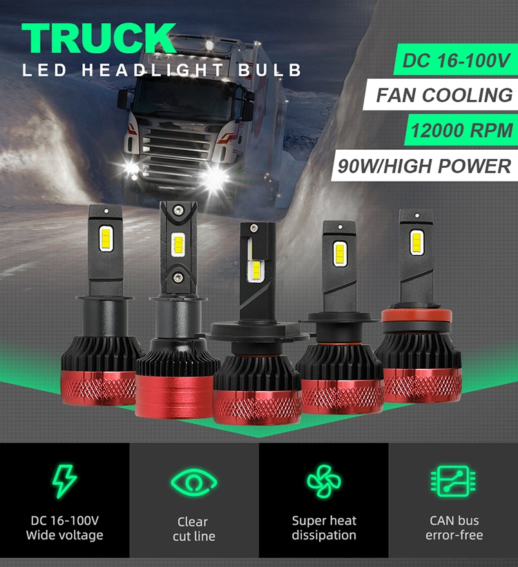 Truck Lighting System High Power 90W Trucks Replaced LED Headlight Bulb, 16-100V LED Canbus H3 H1 H7 H4 LED 24V Truck LED Lights